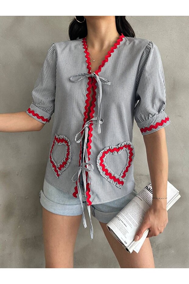 Women's Black-Red Heart Detailed Front Lace-Up Striped Shirt
