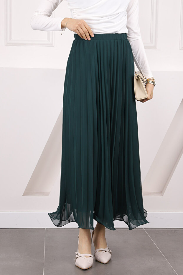 Emerald Green Elastic Waist Pleated Chiffon Skirt