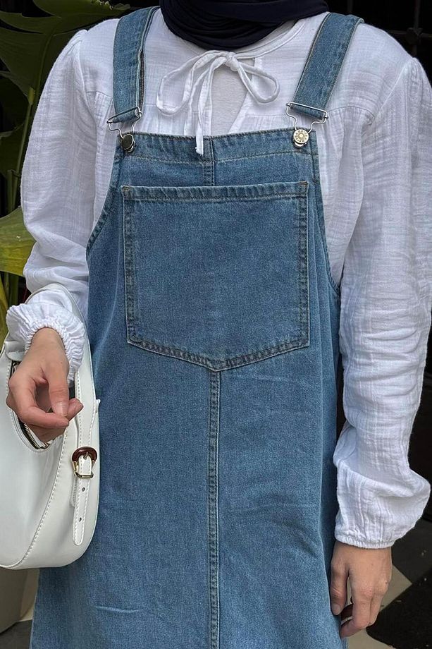 Ön Cep Detaylı Denim Salopet Elbise Mavi - 3