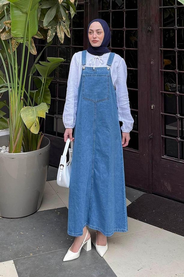 Ön Cep Detaylı Denim Salopet Elbise Mavi - 1