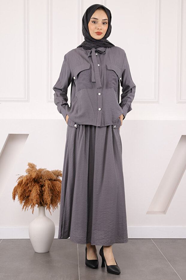 Smoked Collar Tie-Up Shirt Skirt Suit