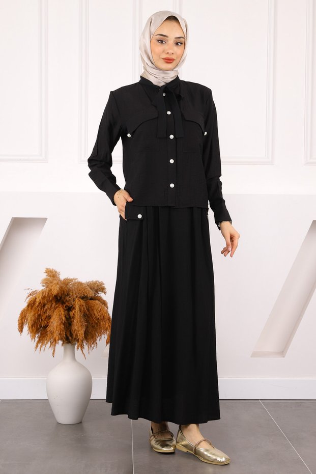 Black Collar Tie Shirt Skirt Suit