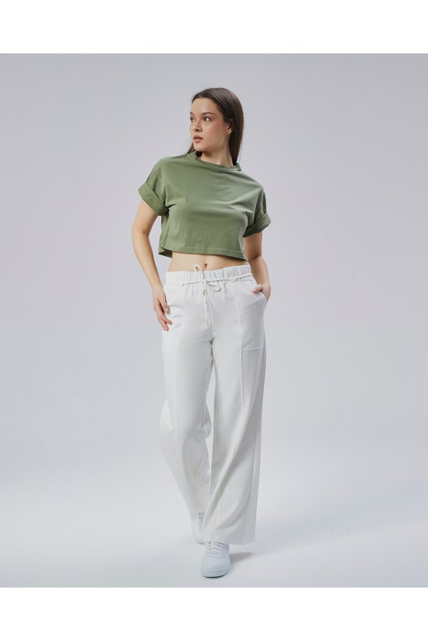 Seasonal Wide Elastic Waistband Comfortable Fit Wide Leg Women's Trousers
