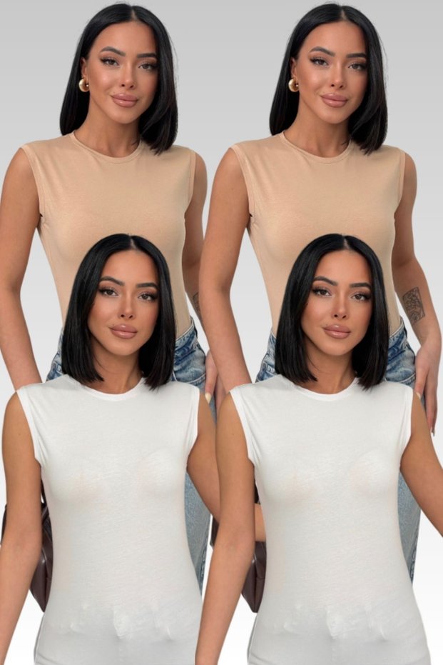 Women's 2 Cream 2White Crew Neck Cotton Sleeveless Bodysuit Zero Sleeve Bodysuit Cotton T-Shirt Beige Crew Neck