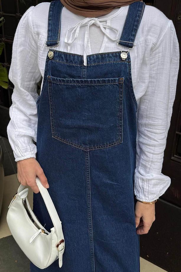 Ön Cep Detaylı Denim Salopet Elbise Koyu Mavi - 4