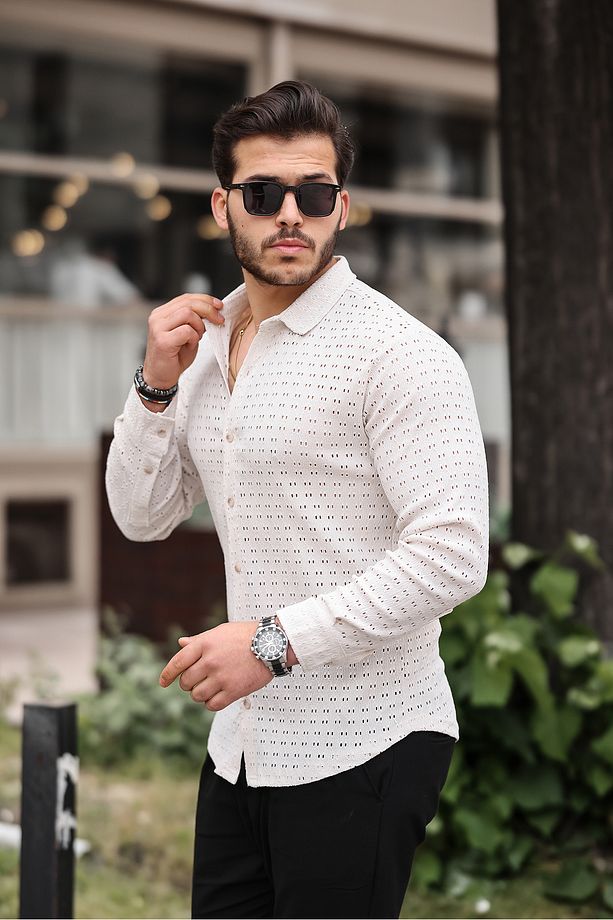 Erkek Uzun Kol Delikli Desen Örme Kumaş Regular Kalıp Kalıp Yeni Sezon Gömlek - 3