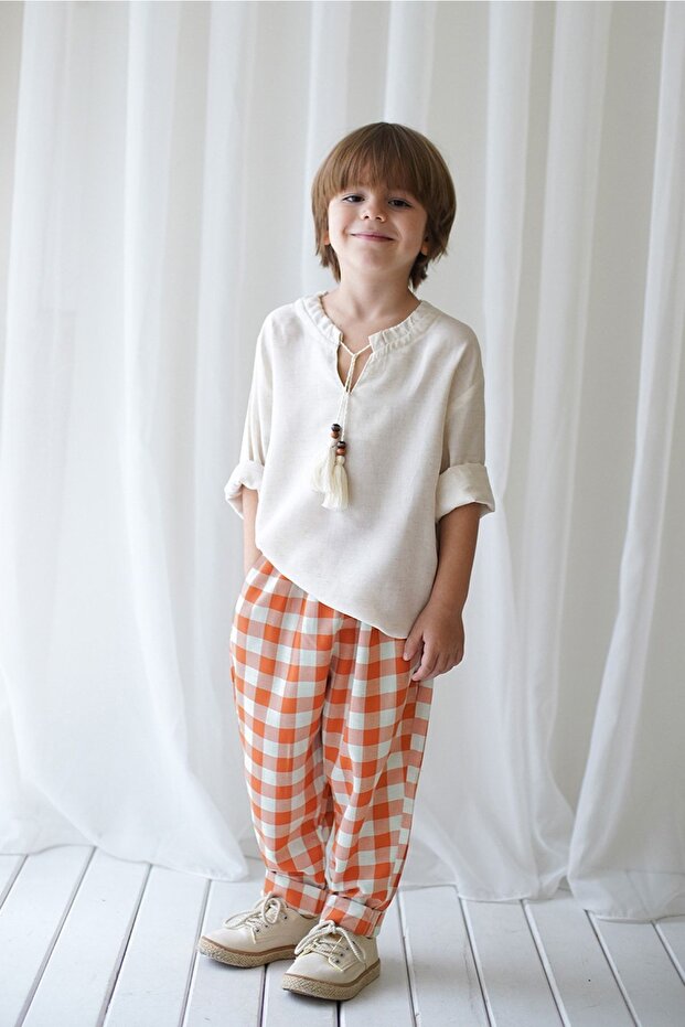 Carrot Trousers Orange Cream Plaid Linen + Cream Linen Drawstring Shirt
