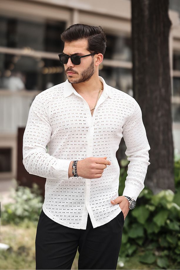 Erkek Uzun Kol Delikli Desen Örme Kumaş Regular Kalıp Kalıp Yeni Sezon Gömlek - 1