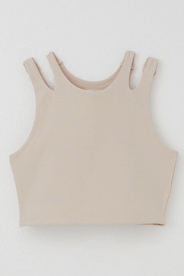 Girl's Crop T-Shirt with Double Strap Shoulder Detail, Ages 9-16, Beige
