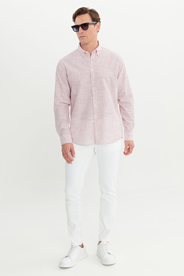 Erkek Bordo %100 Pamuk Comfort Fit Rahat Kesim Düğmeli Yaka Çizgili Gömlek - 2