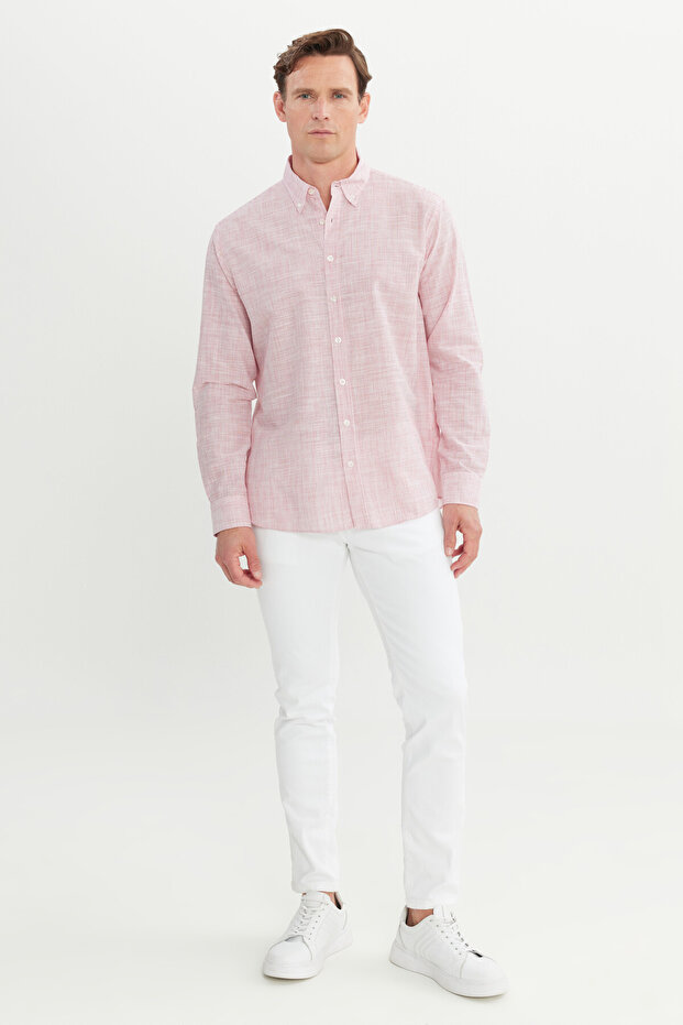 Erkek Kırmızı %100 Pamuk Comfort Fit Rahat Kesim Düğmeli Yaka Çizgili Gömlek - 2