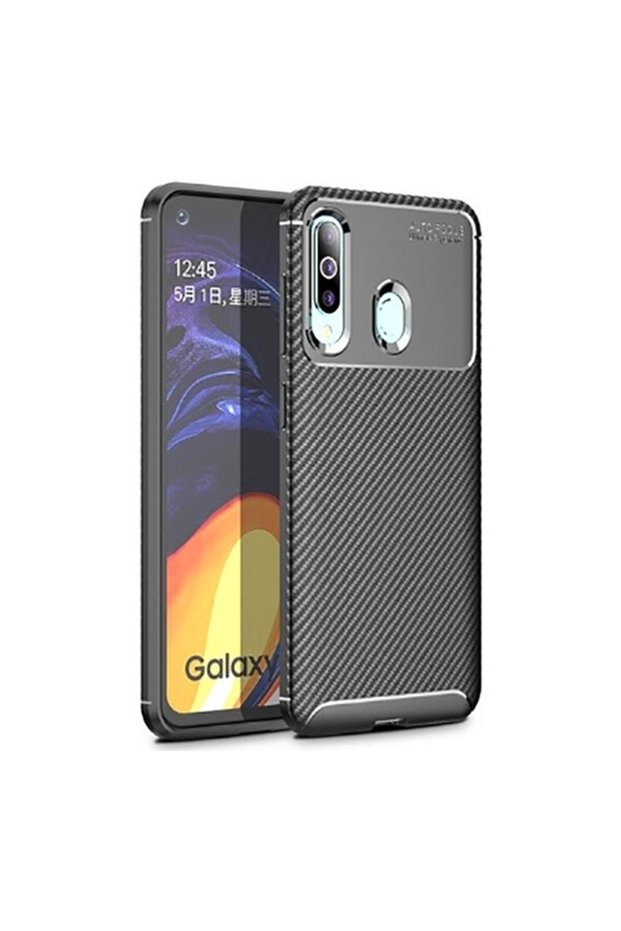 حافظة لهاتف Galaxy A20s بنمط كربون لوكس نيغرو سيليكون أسود + واقي شاشة شبح