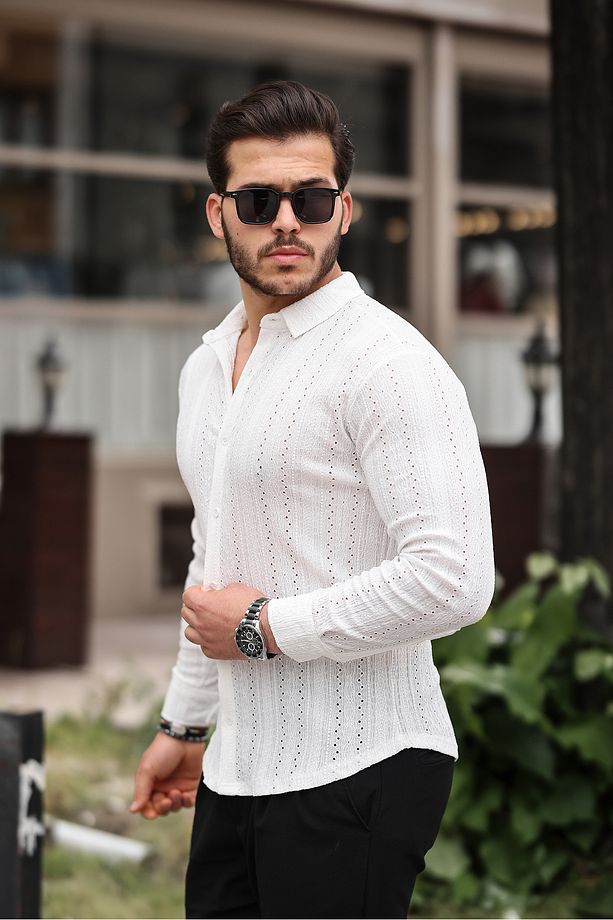 Erkek Uzun Kol Çapraz Delikli Özel Tasarım Desen Örme Kumaş Regular Kalıp Gömlek - 3