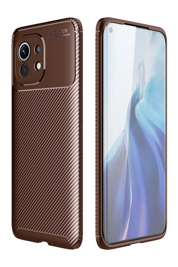 جراب لهاتف Xiaomi Mi 11 بنمط كربون Lux Negro سيليكون بني + واقي شاشة كامل