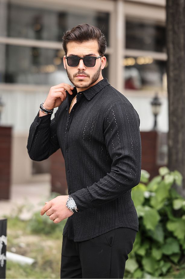 Erkek Uzun Kol Çapraz Delikli Özel Tasarım Desen Örme Kumaş Regular Kalıp Gömlek - 3