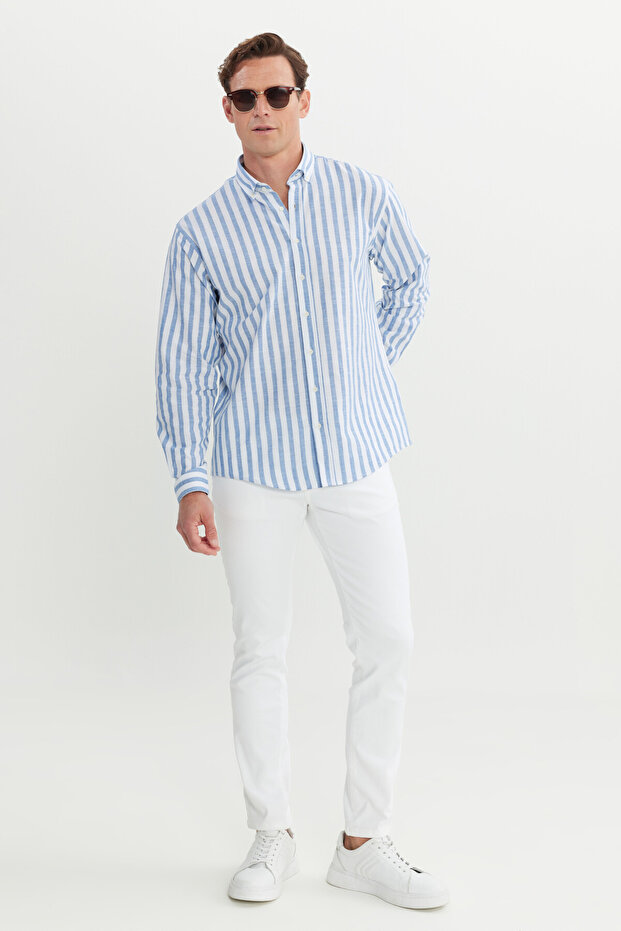 Erkek Mavi-Beyaz %100 Pamuk Comfort Fit Rahat Kesim Düğmeli Yaka Çizgili Gömlek - 2