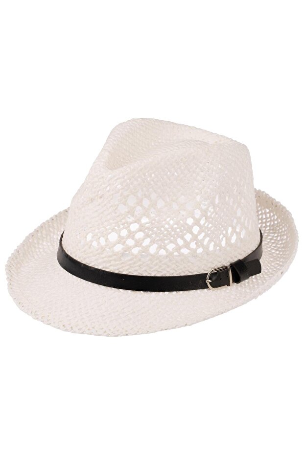 Men's Straw Fedora Hat with Belt Detail Y24750-09 White