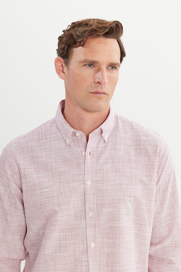 Erkek Bordo %100 Pamuk Comfort Fit Rahat Kesim Düğmeli Yaka Çizgili Gömlek - 4