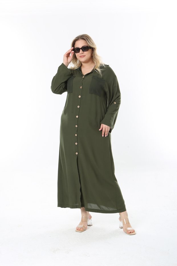 Women's Linen Mesh Pocket Hood Detail Khaki Large Size Dress