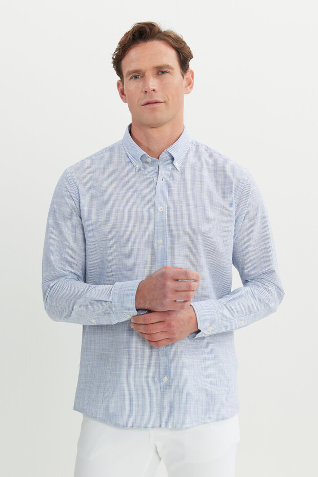 Erkek Lacivert %100 Pamuk Comfort Fit Rahat Kesim Düğmeli Yaka Çizgili Gömlek - 3