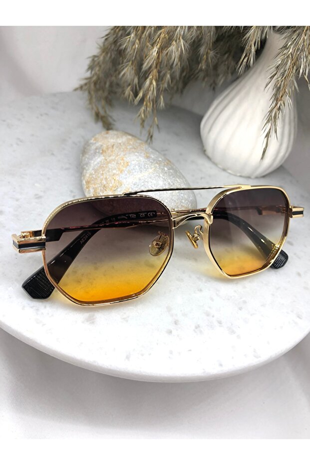 نظارات شمسية مستطيلة الشكل باللون الأسود والبرتقالي المتدرج - 5