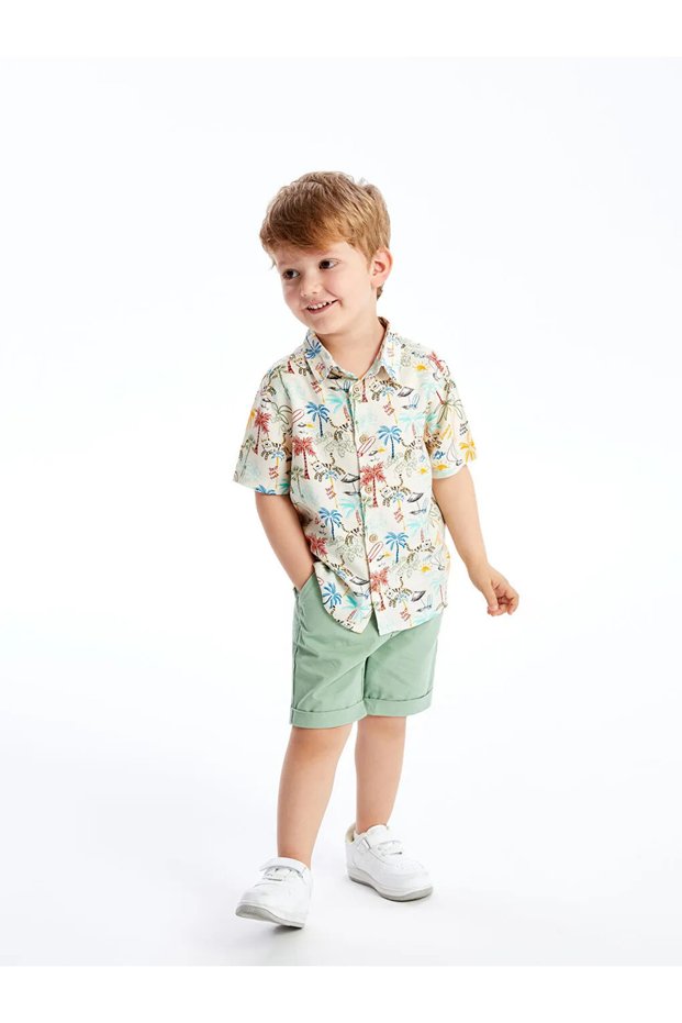 Lcw Kids Beige Short Sleeve Printed Baby Boy Shirt and Shorts Set of 2