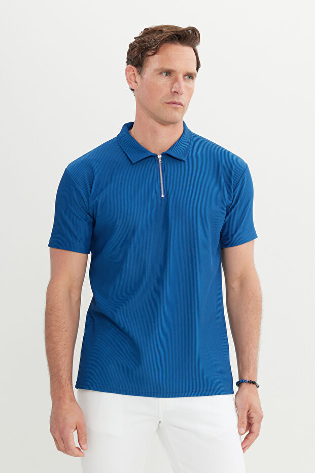 Men's Indigo Relax Fit Relaxed Fit Polo Neck Stretchy T-Shirt