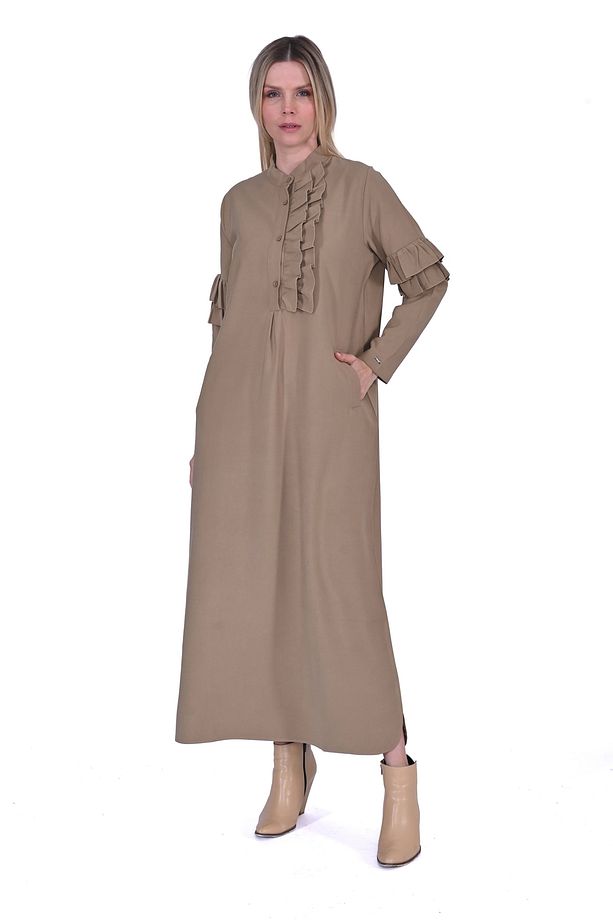 İNVEE 6925 Fırfır Detaylı Camel Elbise - 2