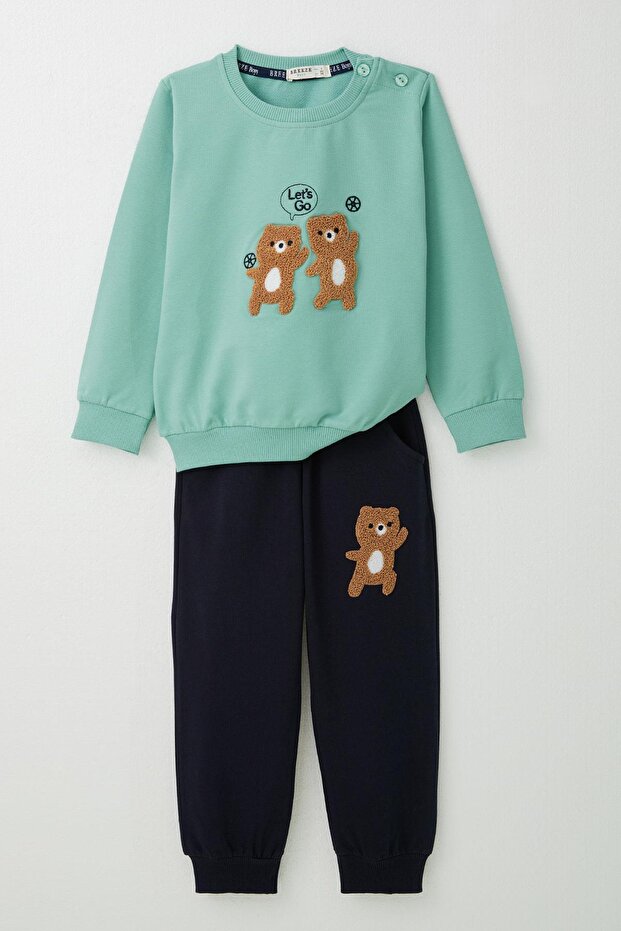 Baby Boy Tracksuit Set, Cute Embossed Moon 9 Months-3 Years, Aqua Green