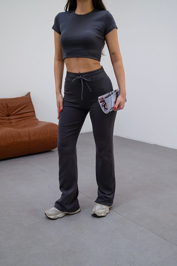 Kadın Antrasit Vücuda Oturan Esnek Örme Crop Tshirt ve İspanyol Paça Tayt Y2K Alt-Üst Takım - 7