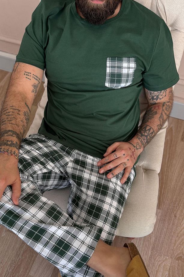 Zümrüt Ekose Cep Detay Kısa Kollu Erkek Pijama Takımı - 6