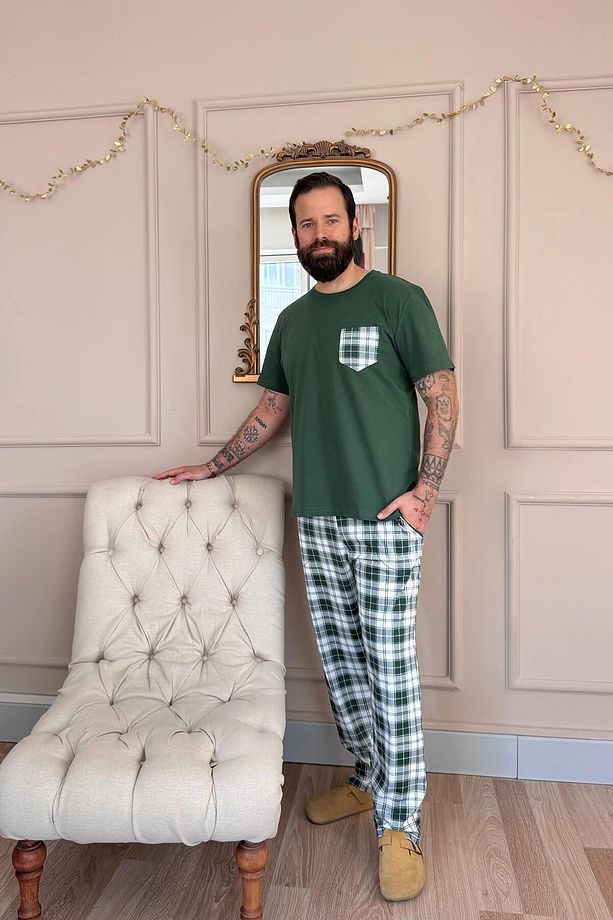 Zümrüt Ekose Cep Detay Kısa Kollu Erkek Pijama Takımı - 7