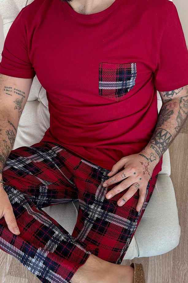Bordo Ekose Cep Detay Kısa Kollu Erkek Pijama Takımı - 5