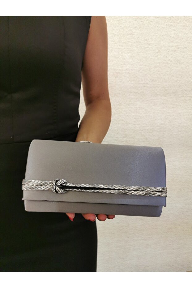 Beegi̇ Concept Women's Evening Dress Stone Satin Platinum Smoked Chain Wedding Night Party Bag