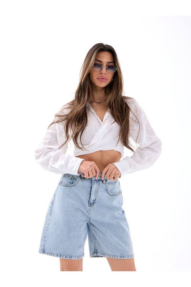Yüksek Bel Açık Mavi Mom Fit Denim Şort - 3