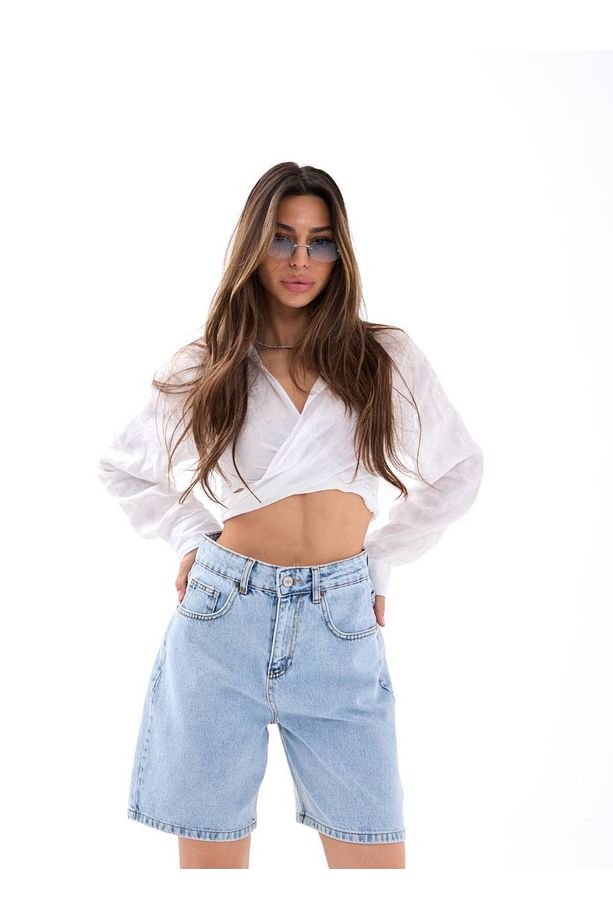 Yüksek Bel Açık Mavi Mom Fit Denim Şort - 2