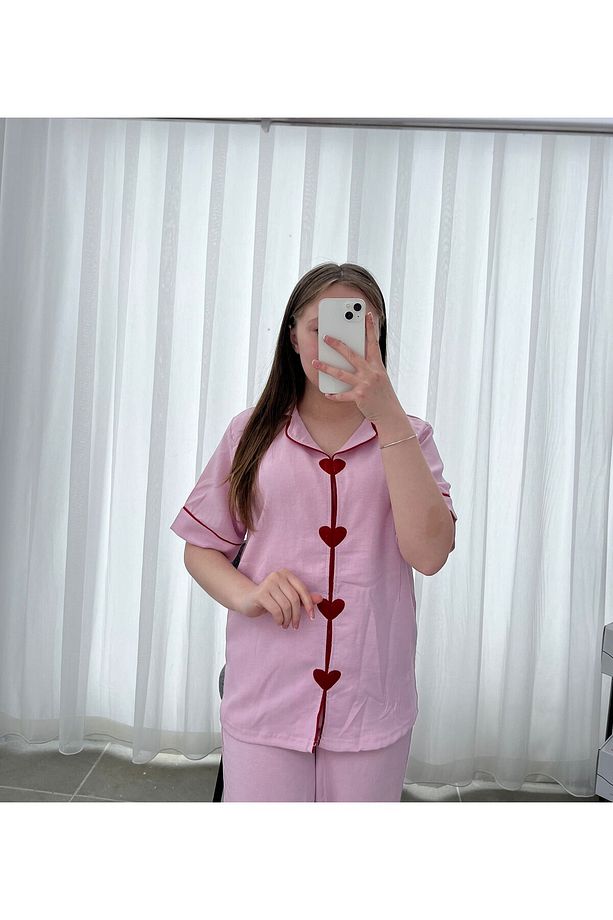 Lena Kalbim Sende Kısa kollu Dokuma Pijama Pijama Takımı - 5