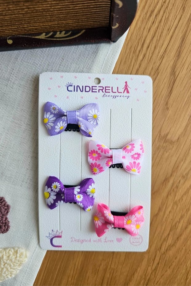 4-Piece Floral Bow Hair Clips for Baby Girls 4cm - Newborn Hair Clip Set with Ribbons for Less Hair