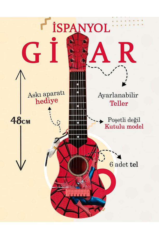 48 cm Oyuncak İspanyol Örümcek Adam Gitar - 6 Telli Örümcek Adam Çocuk Gitarı Askı Aparatı Hediye - 1