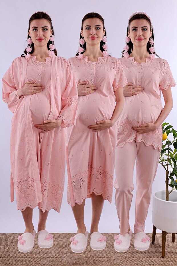 Scalloped Fabric Maternity Set with Breastfeeding Features 4 Pieces Effortt - Powder