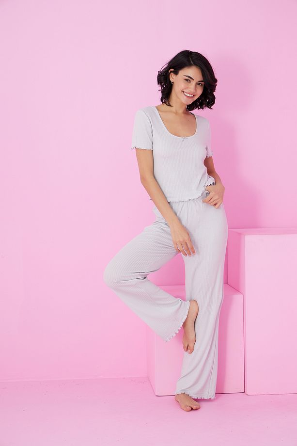 gri Soft Touch İnce Mevsimlik Örme Pijama Takım7869 - 2
