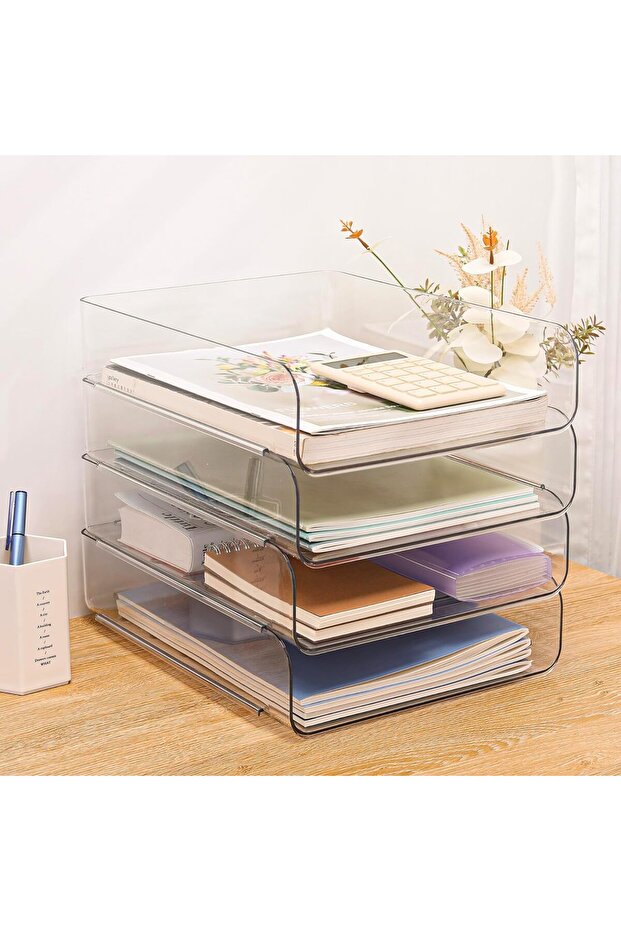 4-pack desktop file storage box, transparent PET, large capacity, stackable, for storing stationery - 1