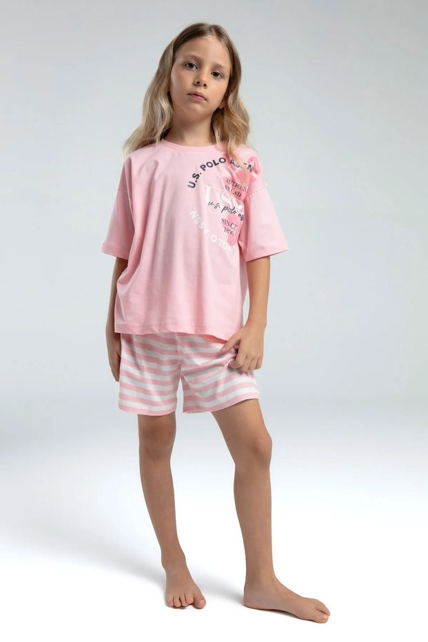 Us Polo Li̇S Licensed 100% Cotton Bi̇Siklet Collar Short Sleeve Girls' Shorts Pi̇Jama Suit