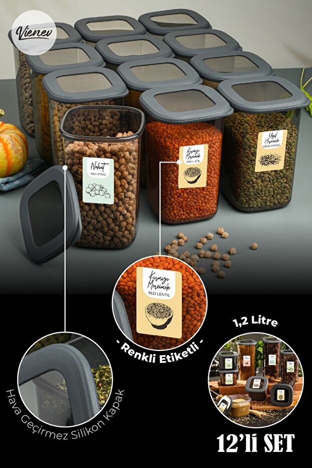 12-Piece Foly Square Food Storage Container with Colorful Labels 1.2 Liter Anthracite