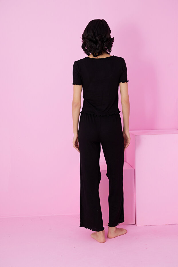 siyah Soft Touch İnce Mevsimlik Örme Pijama Takım7869 - 3