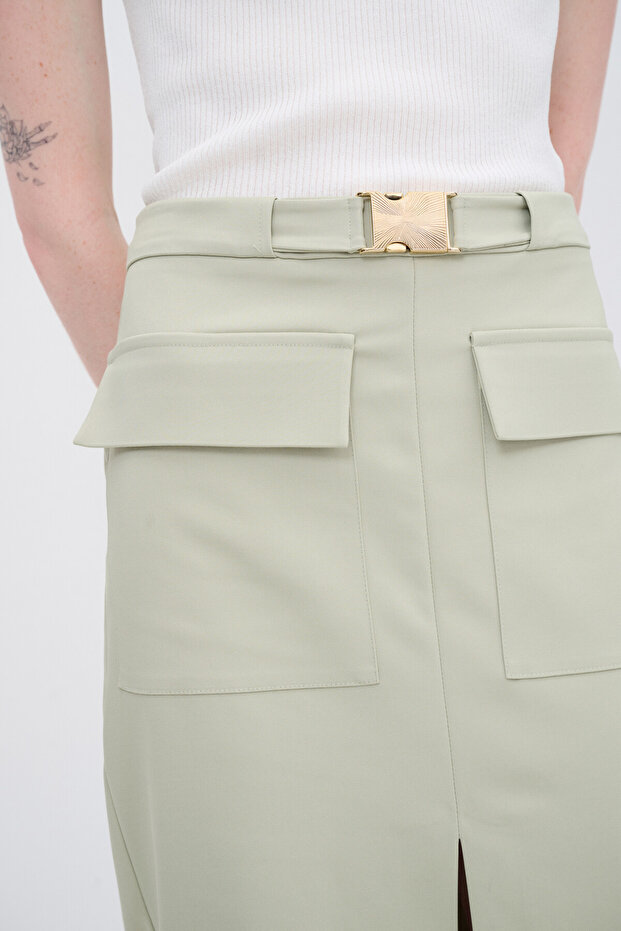 Yırtmaçlı Cepli Midi Boy Etek - 4