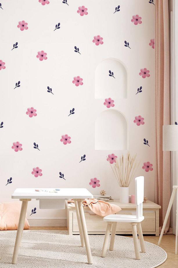 Soft Renklerde Pembe Çiçekler ve Yapraklar Dekoratif Sticker Seti Duvar Kağıdı Görünümlü Sticker - 4