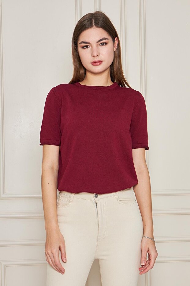 Women's Crew Neck Short Sleeve Knitwear Blouse Basic Blouse 25222 Claret Red