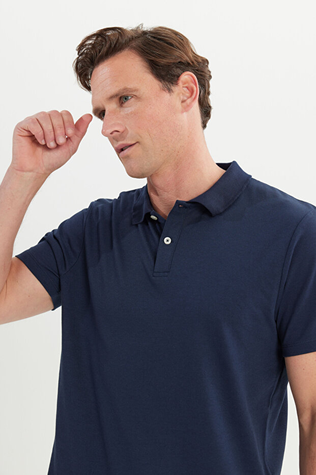 Erkek Lacivert Pamuklu Slim Fit Dar Kesim Polo Yaka Tişört - 4
