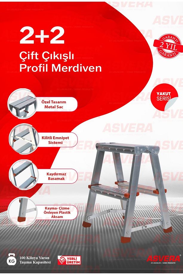 Yakut  Serisi 2 2 Basamaklı Çift Çıkışlı Galvanizli Profil Merdiven (EV, BAHÇE, IŞYERİ IÇİN UYGUN) - 1